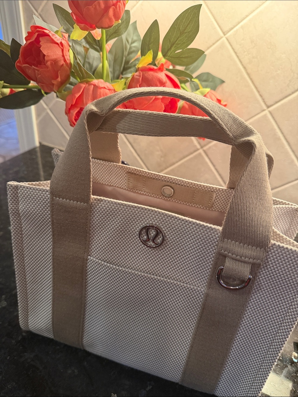 Lululemon Beige Canvas Mini Tote with Tan Straps